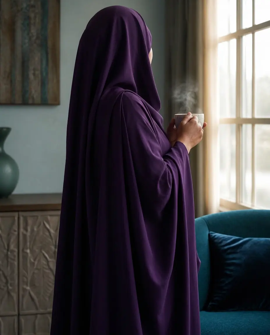 Asma Ahmad, a fair-complexioned African woman in a dark dusty-purple jilbab, holding a steaming tea cup beside a bright window