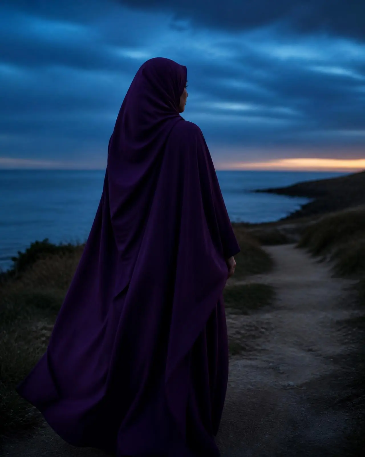 A Muslim woman in a flowing deep purple abaya and hijab walking a coastal path at blue hour