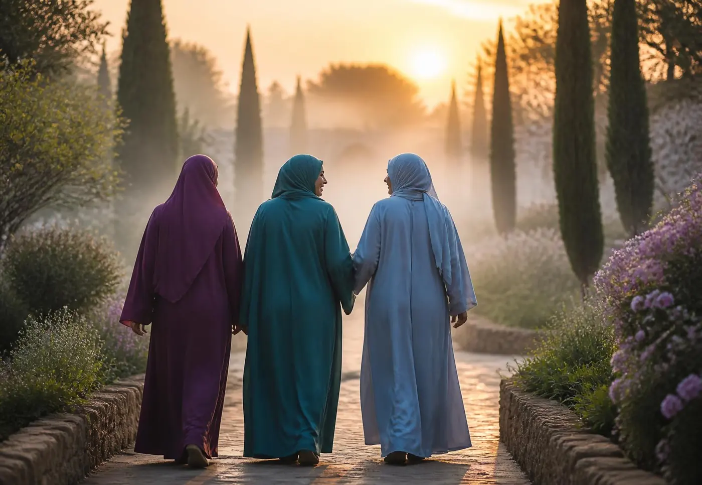 Three Muslim women walking together along a garden path at sunrise