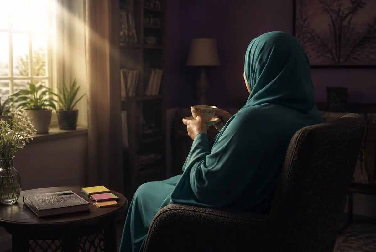A Muslim woman calmly holding tea beside her journal and daily notes
